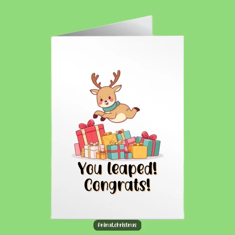 Free Printable Congratulations Card: Joyful Reindeer Leaping Over Gifts for Any Occasion