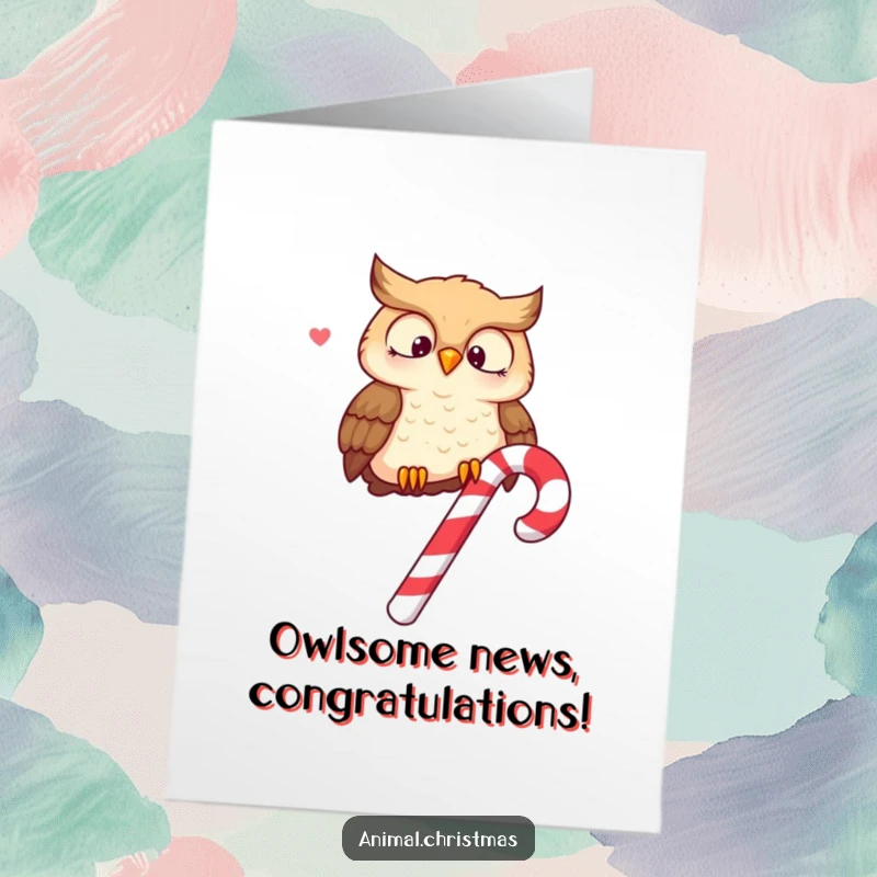 Funny Free Printable Congratulations Card: A cheerful owl perched on a candy cane hoots merrily to celebrate achievements.