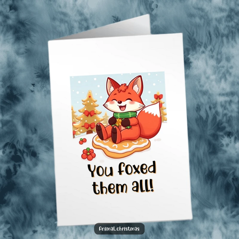 Free Printable Congratulations Card: A grinning red fox speeds down a snowy slope on a festive gingerbread cookie.