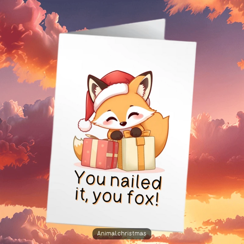 Funny free printable congratulations card showing an excited fox in a Santa hat opening a gift with pure glee.