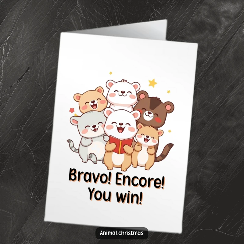 Funny Free Printable Congratulations Card: Cheerful animals gathered together, joyfully caroling to celebrate achievements.