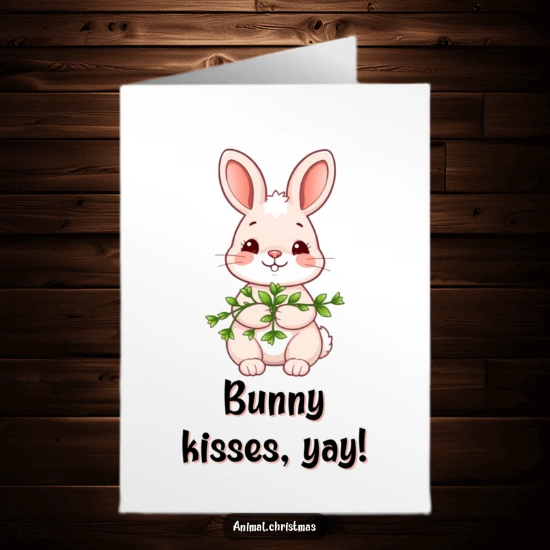 Funny Free Printable Congratulations Card: Kawaii bunny holds mistletoe with a shy smile, ready to share a sweet congratulatory moment.