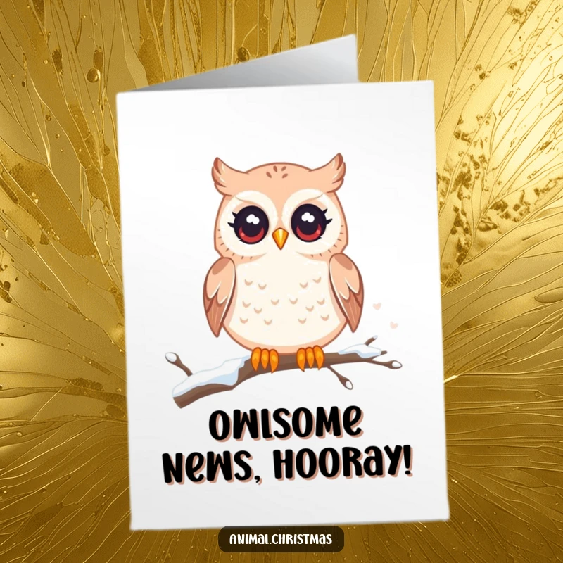 Funny Free Printable Congratulations Card: Adorable kawaii owl with sparkling eyes perches on a snowy branch, conveying warm wishes.