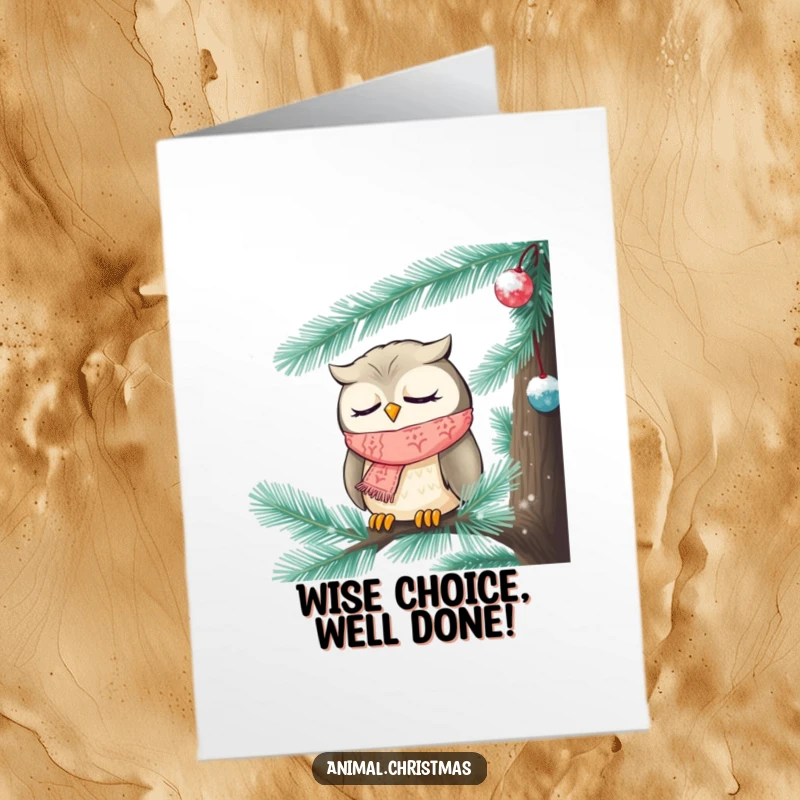 Free Printable Congratulations Card: A cozy owl wearing a knitted scarf is dozing inside a frosted pine tree.