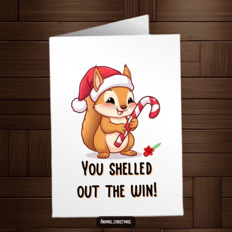 Cute free printable congratulations card with a Santa hat-wearing squirrel holding a candy cane, celebrating a win.