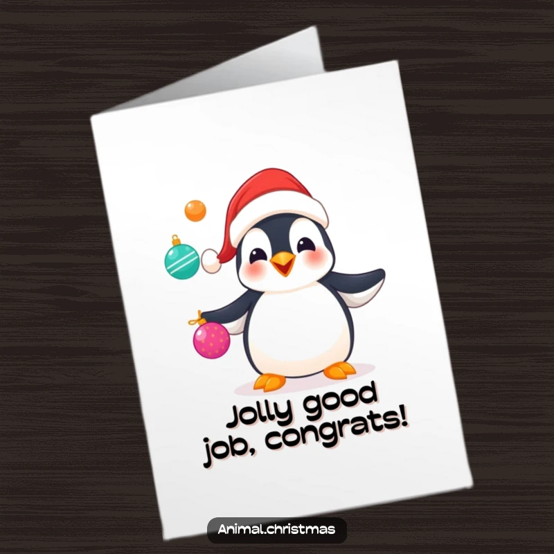 Funny free printable congratulations card: a penguin wearing a Santa hat happily juggling ornaments, a whimsical way to celebrate.