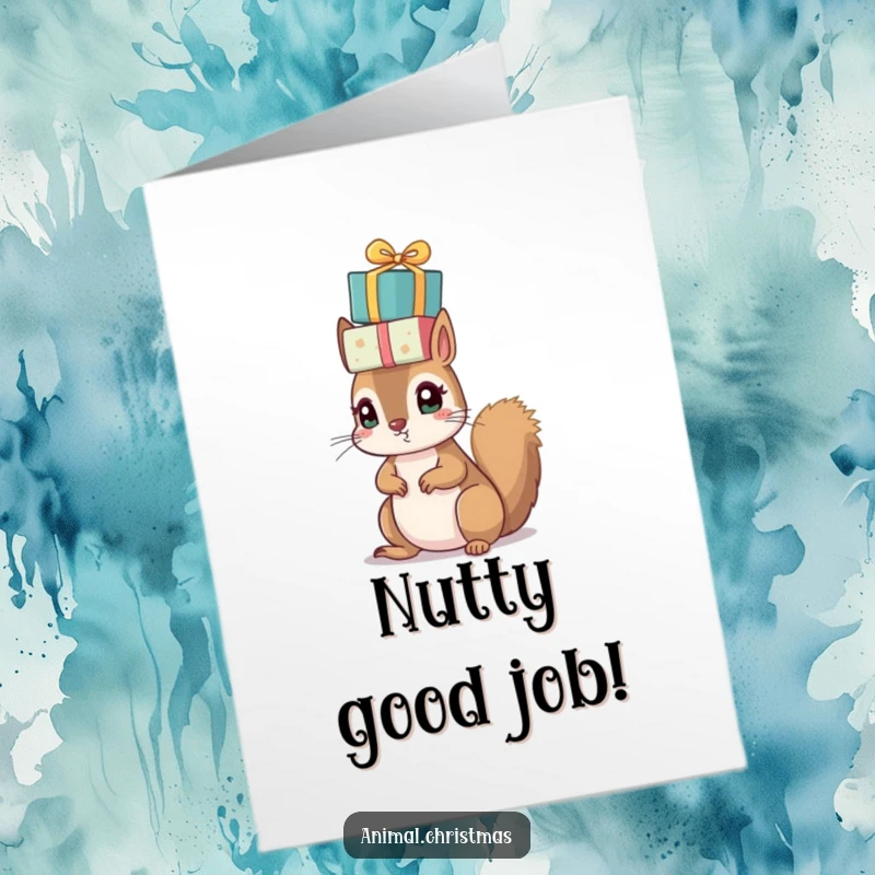 Free Printable Congratulations Card: A small squirrel with bright eyes balances a tower of wrapped presents on its head.