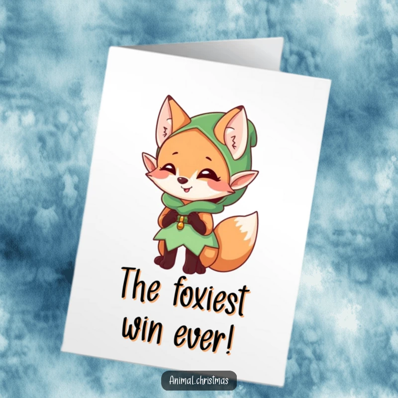 Funny Free Printable Congratulations Card: Fox in elf costume giggling mischievously, perfect for a fun DIY celebration.
