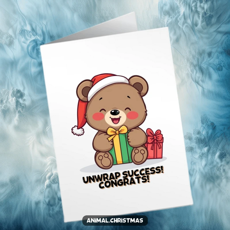 Funny Free Printable Congratulations Card: A bear wearing a Santa hat excitedly unwrapping a gift, symbolizing joyous discovery.
