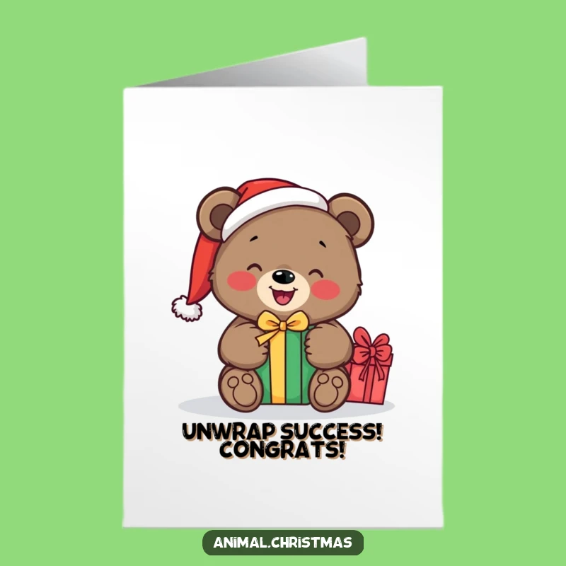 Free Printable Congratulations Card: Bear Unwrapping Gift, Humorous Downloadable for Big Wins