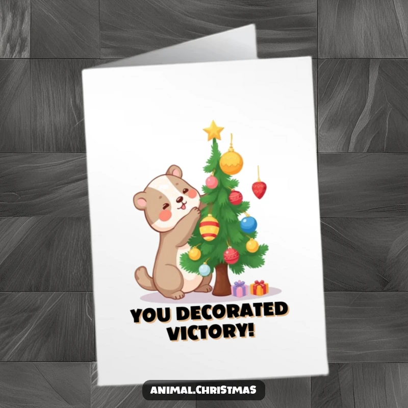 Funny Free Printable Congratulations Card: An animal happily decorates a small tree, perfect for celebrating achievements.
