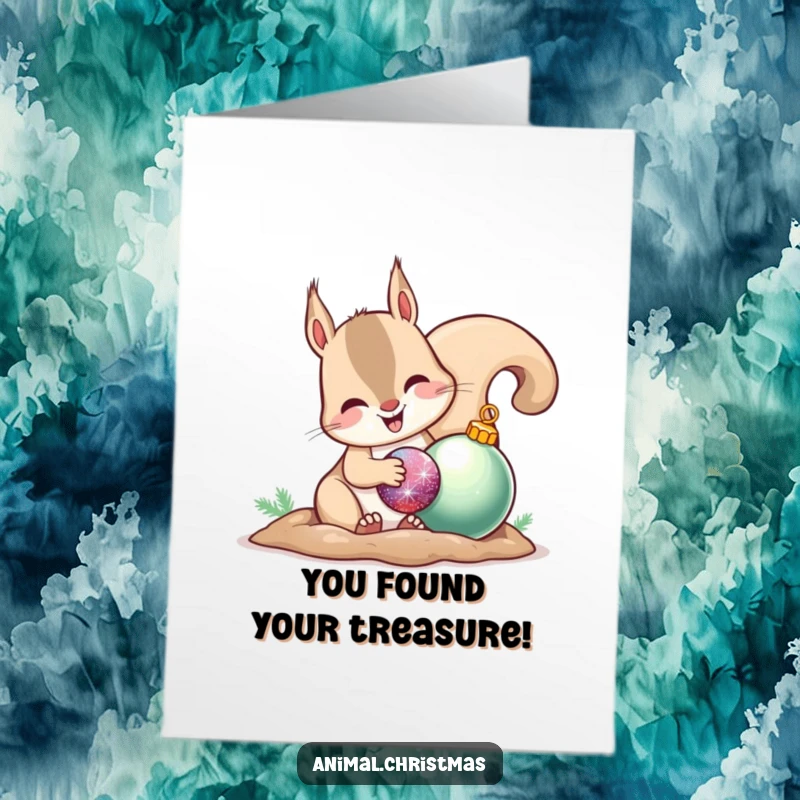Funny Free Printable Congratulations Card: A cheerful squirrel tucks away a shiny ornament, celebrating a happy occasion.