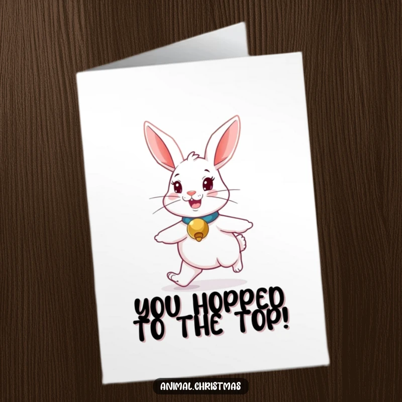Funny Free Printable Congratulations Card: Energetic rabbit with jingle bell collar hopping merrily, perfect for DIY celebrations.