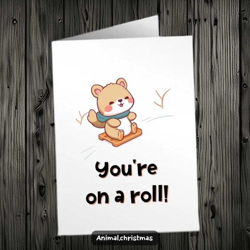 Funny Free Printable Congratulations Card: Animal joyfully sledding down a snow-covered hill, celebrating a fast-paced win.