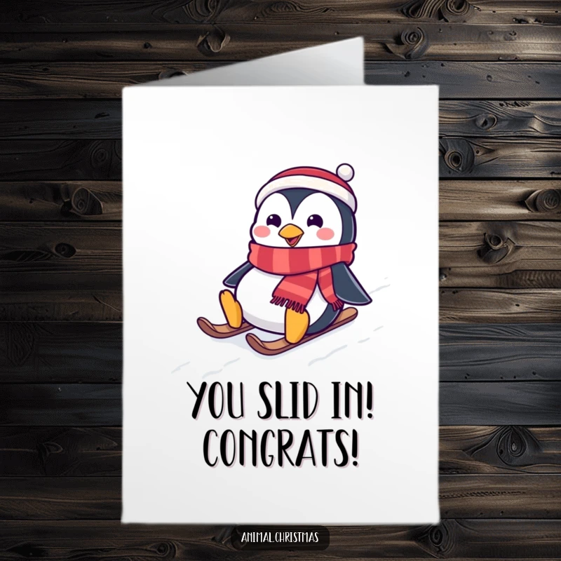 Funny Free Printable Congratulations Card: A penguin wearing a festive scarf slides down a snowy hill, marking a joyous milestone.