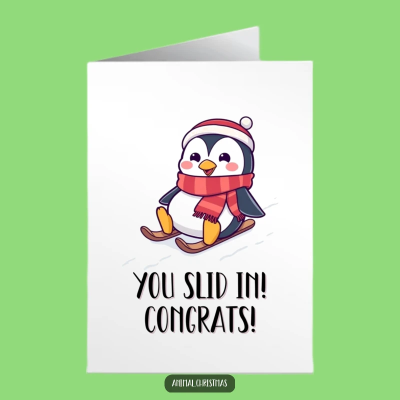 Free Printable Congratulations Card: Penguin Sliding, Humorous Downloadable for a Smooth Ride