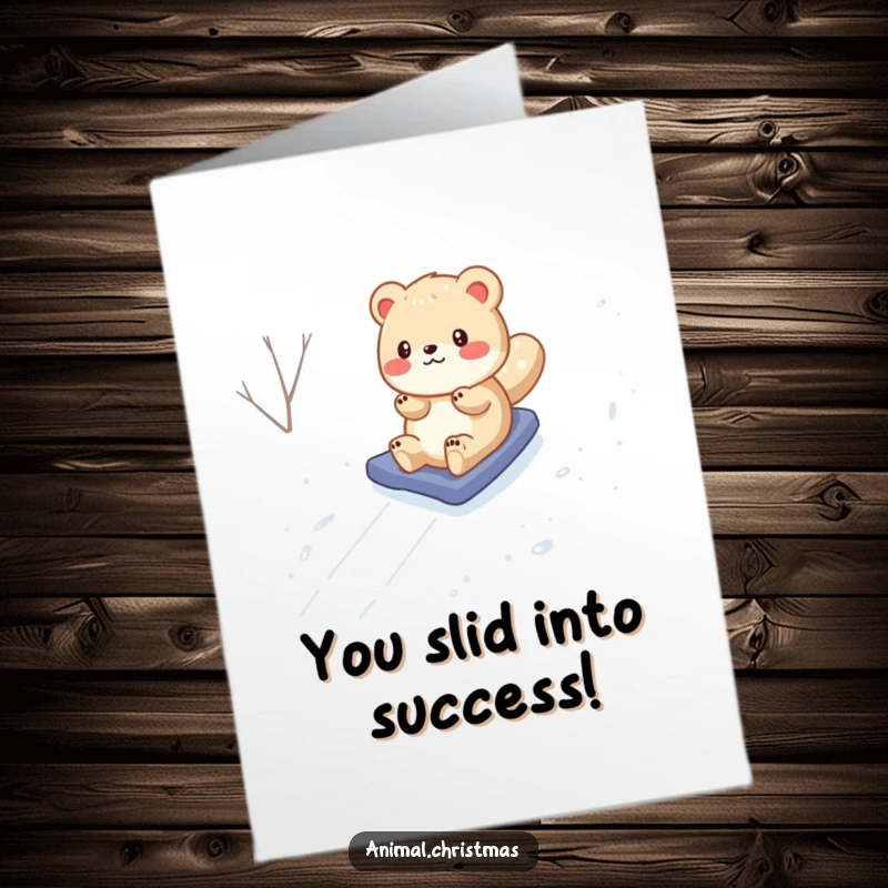 Funny Free Printable Congrats Card: Excited cartoon animal celebrating a win by snowboarding down a snowy hill, ecstatic expression.