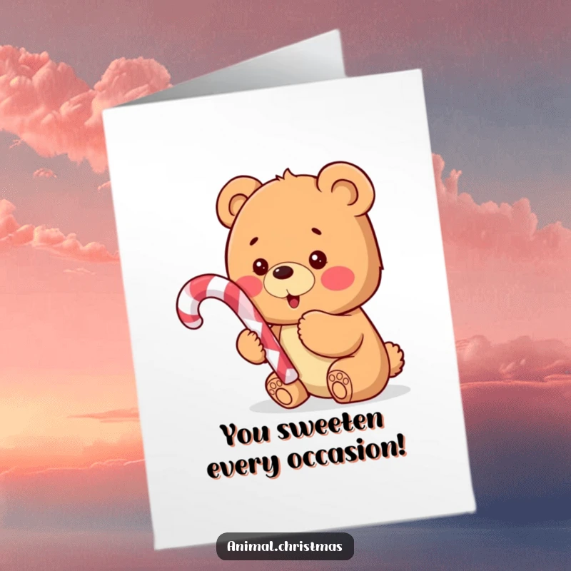Funny Free Printable Congratulations Card: A delighted bear cub beams, holding a festive candy cane to celebrate success.