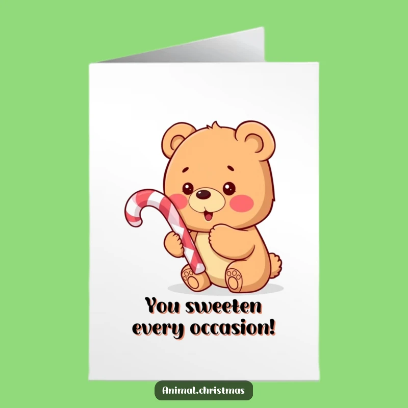 Free Printable Congratulations Card: Excited Bear Cub with Candy Cane, Funny Downloadable