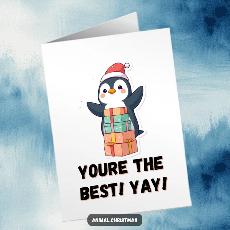 Funny Free Printable Congratulations Card: Kawaii penguin expertly balancing a stack of gifts, perfect for a humorous DIY congrats.