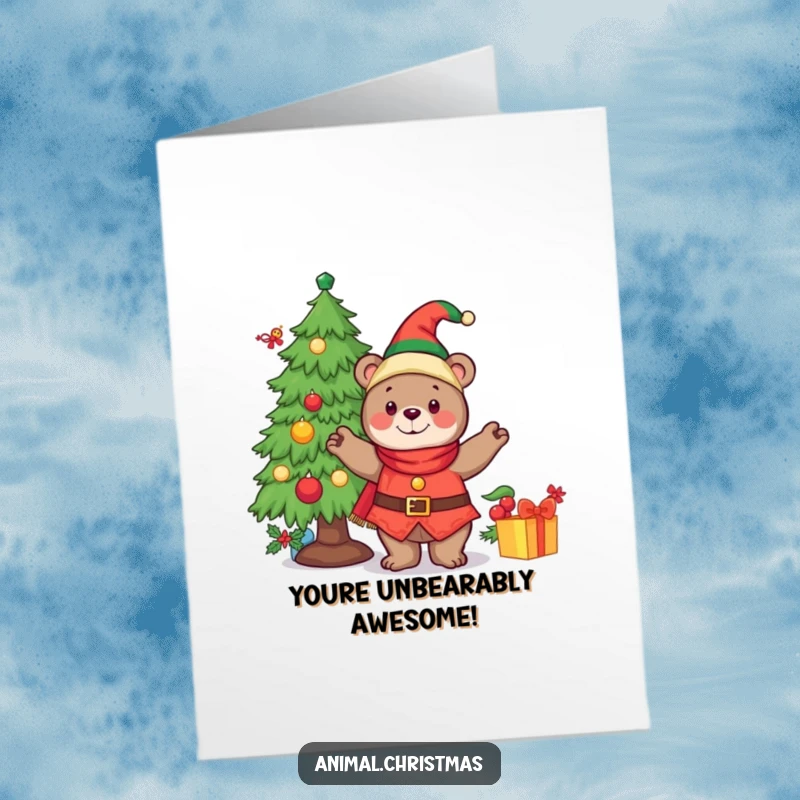 Funny Free Printable Congratulations Card: A jolly bear dressed as an elf is busy decorating a beautiful Christmas tree.