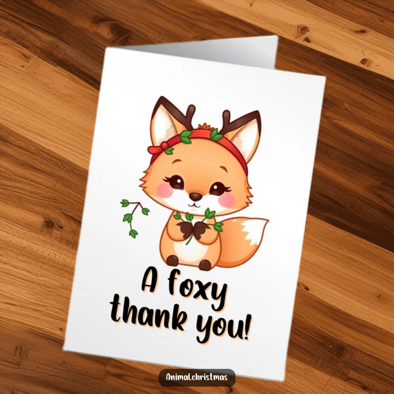 Funny Free Printable thank you card: A kawaii fox in a reindeer headband holds mistletoe, offering thanks with a festive wink. Downloadable!