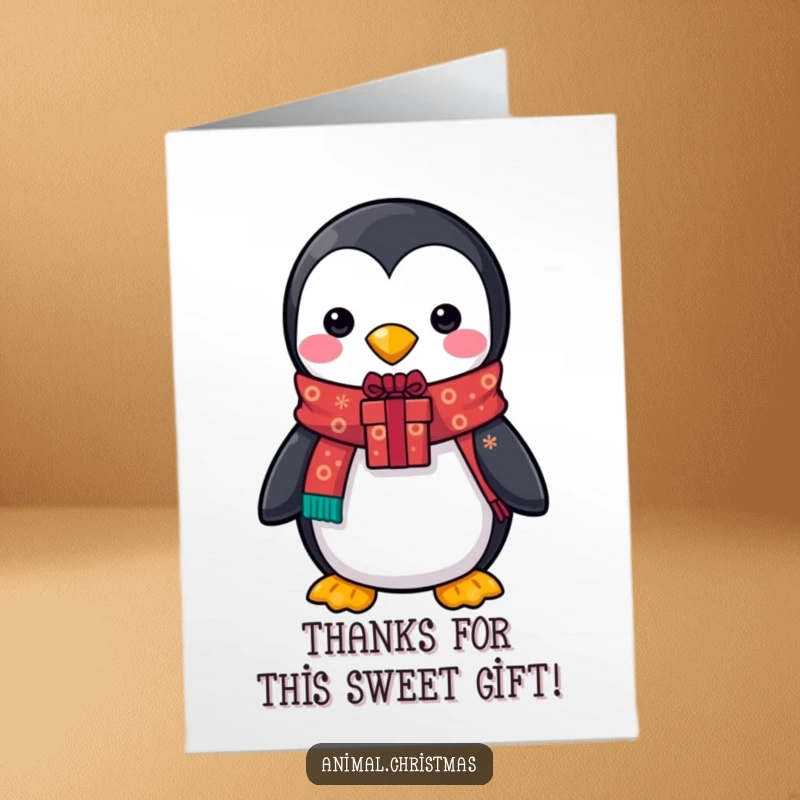 Funny Free Printable Thank You Card: A penguin with a festive scarf offers a decorated gift, expressing thanks.