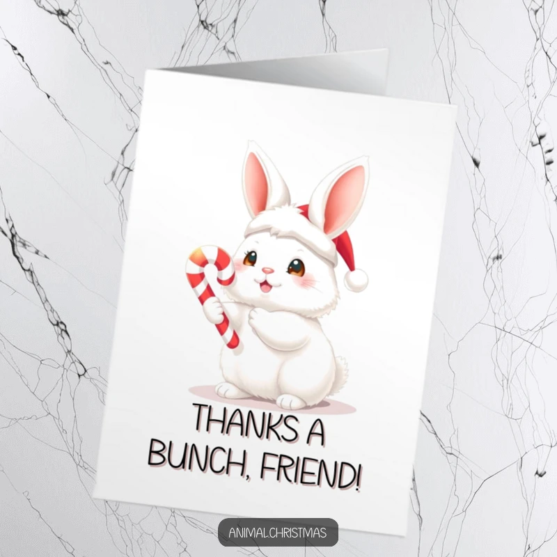 Funny Free Printable Thank You Card: A fluffy bunny with a Santa hat offers a glowing candy cane in gratitude.