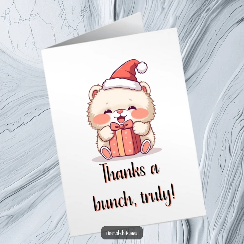 Funny Free Printable Thank You Card: Fluffy animal in Santa hat happily unwraps a gift, conveying thanks.