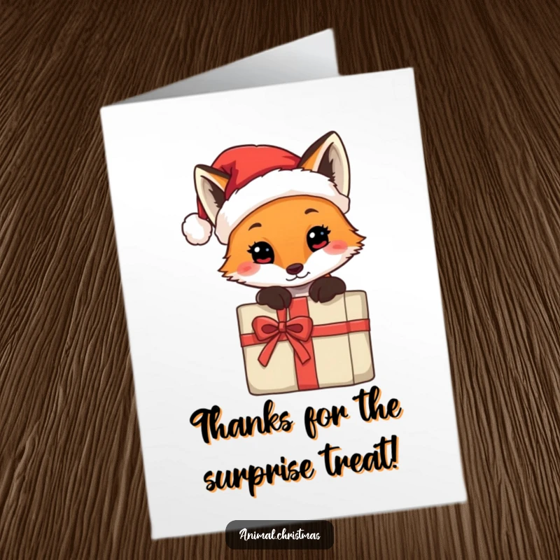 Funny Free Printable Thank You Card: A fox in a Santa hat peeks from behind a present, conveying thanks.