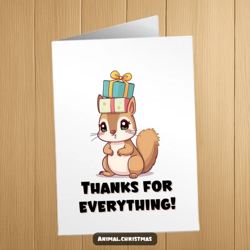 Funny Free Printable Thank You Card: A bright-eyed squirrel teeters with a stack of colorful presents on its head.