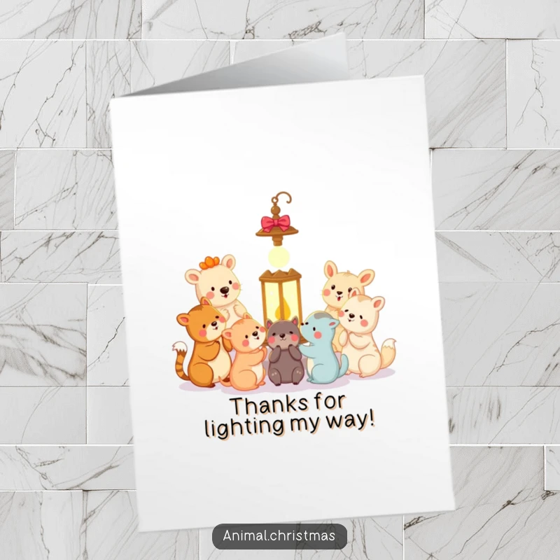 Funny Free Printable Thank You Card: A group of happy animals sings carols around a glowing lantern, offering thanks through song.
