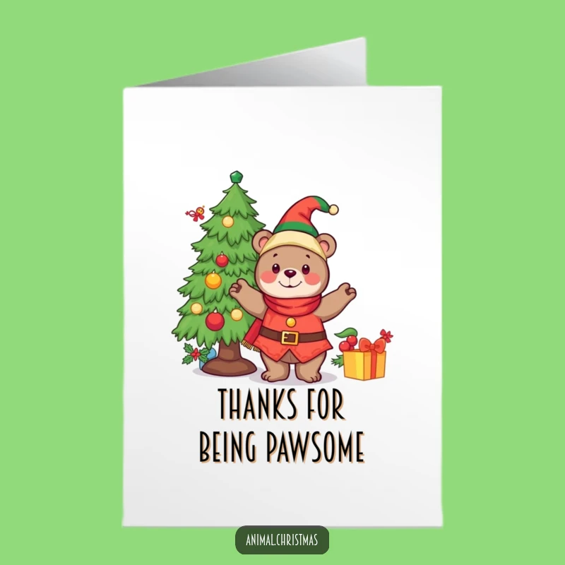 Free Printable Thank You Card: Elf Bear Decorating Tree, DIY Downloadable Gift