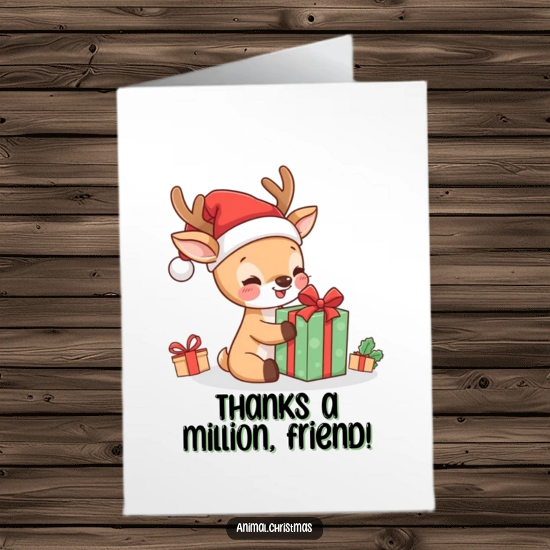 Funny Free Printable Thank You Card: Kawaii deer in Santa hat joyfully unwraps a present, great for a humorous DIY thank you.