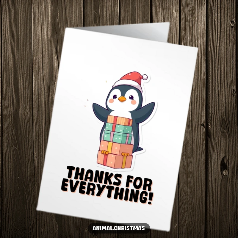 Funny Free Printable Thank You Card: Kawaii penguin balancing colorful gifts, great for a humorous DIY thank you note.