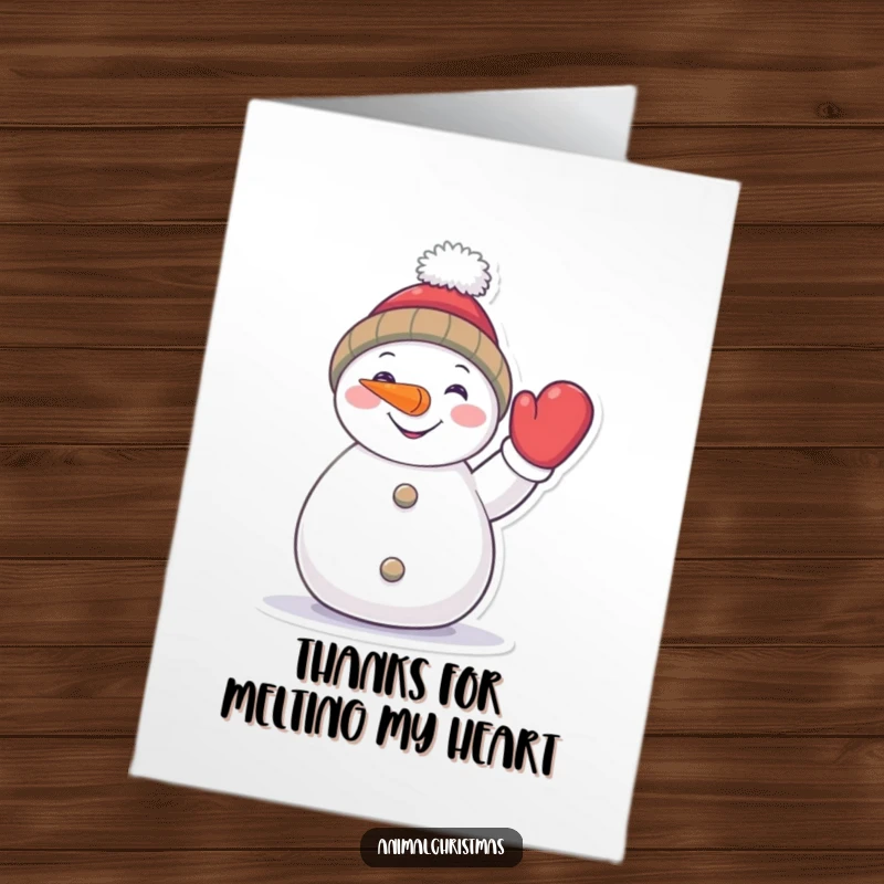 Funny Free Printable Thank You Card: Friendly snowman with carrot nose waving a mitten, a cool DIY way to express thanks.