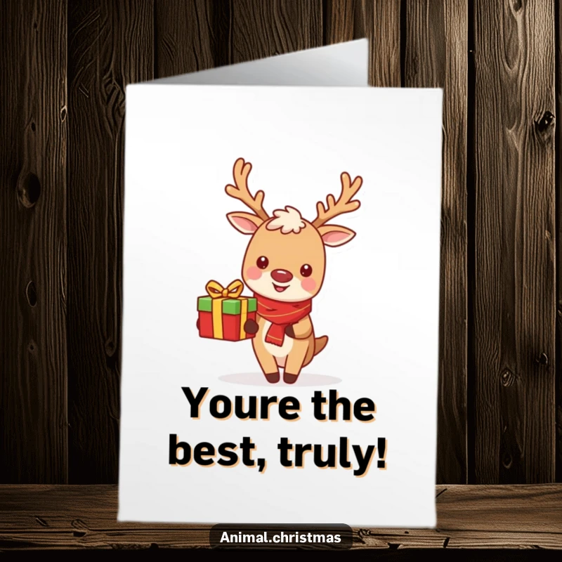 Funny Free Printable Thank You Card: A cheerful reindeer with a gift expresses thanks, making your gratitude memorable.