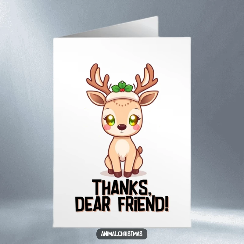 Funny Free Printable Thank You Card: A kawaii deer with bright, glowing eyes radiates holiday cheer while expressing thanks.