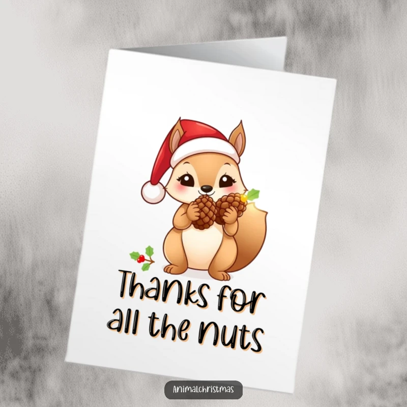 Funny Free Printable Thank You Card: Squirrel in Santa hat holding a glowing pinecone, a bright DIY thank you.