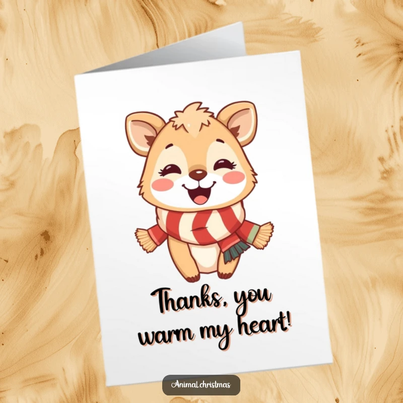Funny Free Printable Thank You Card: Sweet cartoon animal wearing a festive scarf and giving a wide, happy smile, conveying thanks.
