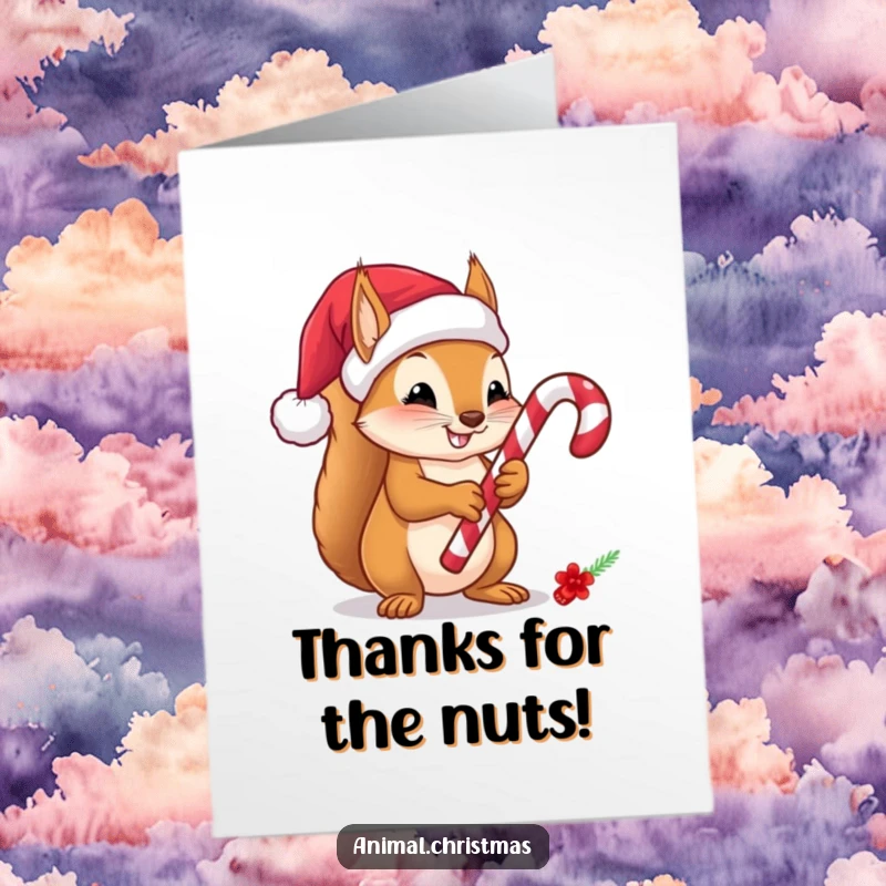 Sweet free printable thank you card featuring a squirrel in a Santa hat clutching a candy cane, offering thanks.