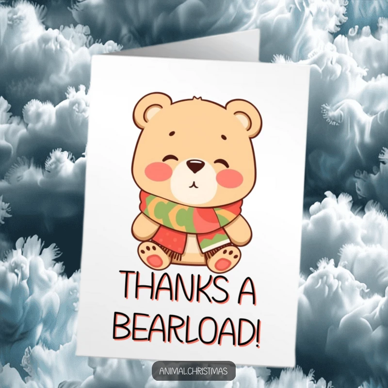 Sweet free printable thank you card featuring a bear in a festive scarf blowing a kiss to express gratitude.