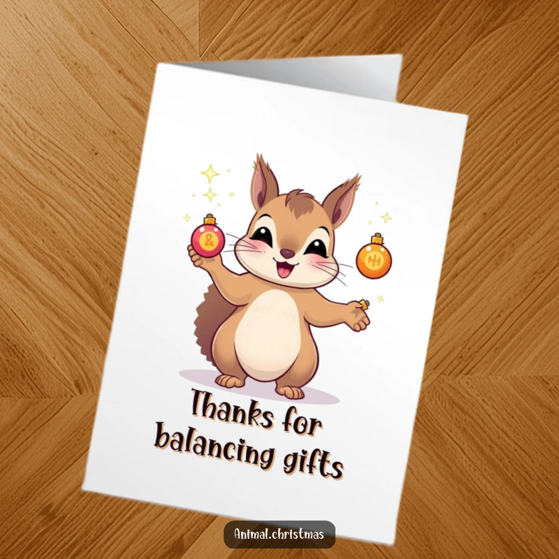 Funny Free Printable Thank You Card: A squirrel delightedly juggling tiny, sparkling ornaments, offering a fun and unique thank you.