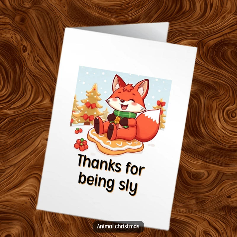 Funny Free Printable Thank You Card: A red fox with a wide grin slides down a snowy hill atop a gingerbread cookie.