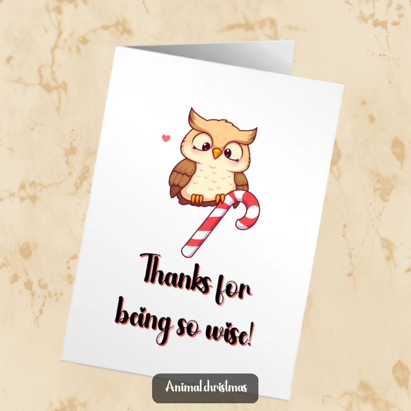 Funny Free Printable Thank You Card: An owl perched on a candy cane hoots happily, offering a sweet thanks.