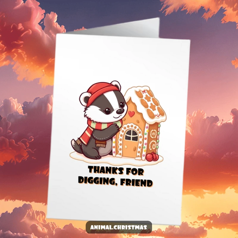 Funny Free Printable Thank You Card: Badger in festive scarf decorating a gingerbread house with icing, offering kind thanks.