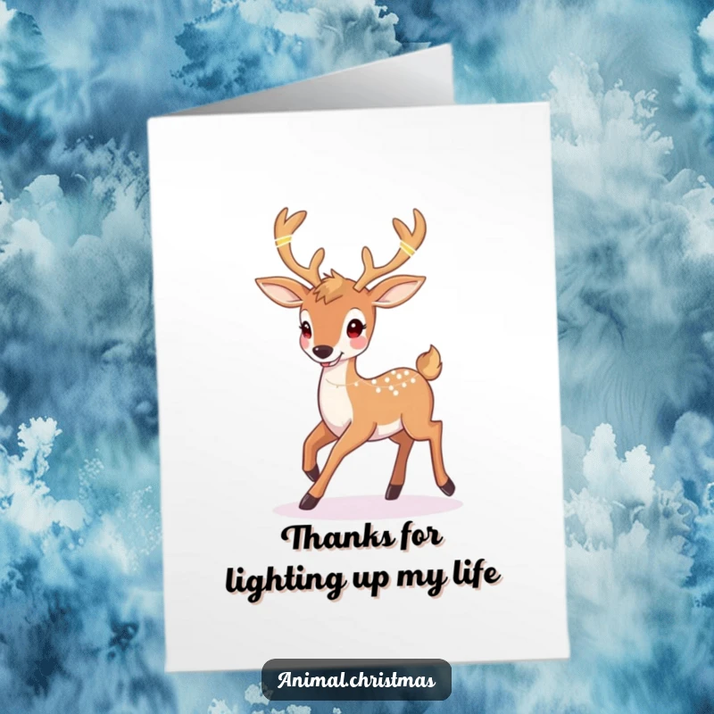 Funny Free Printable Thank You Card: Happy deer with twinkling lights woven into its antlers prancing, conveying thanks.