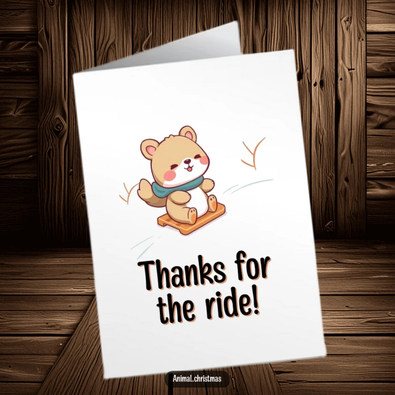 Funny Free Printable Thank You Card: Adorable animal gleefully sledding down a snowy hill, a fun way to say thanks.