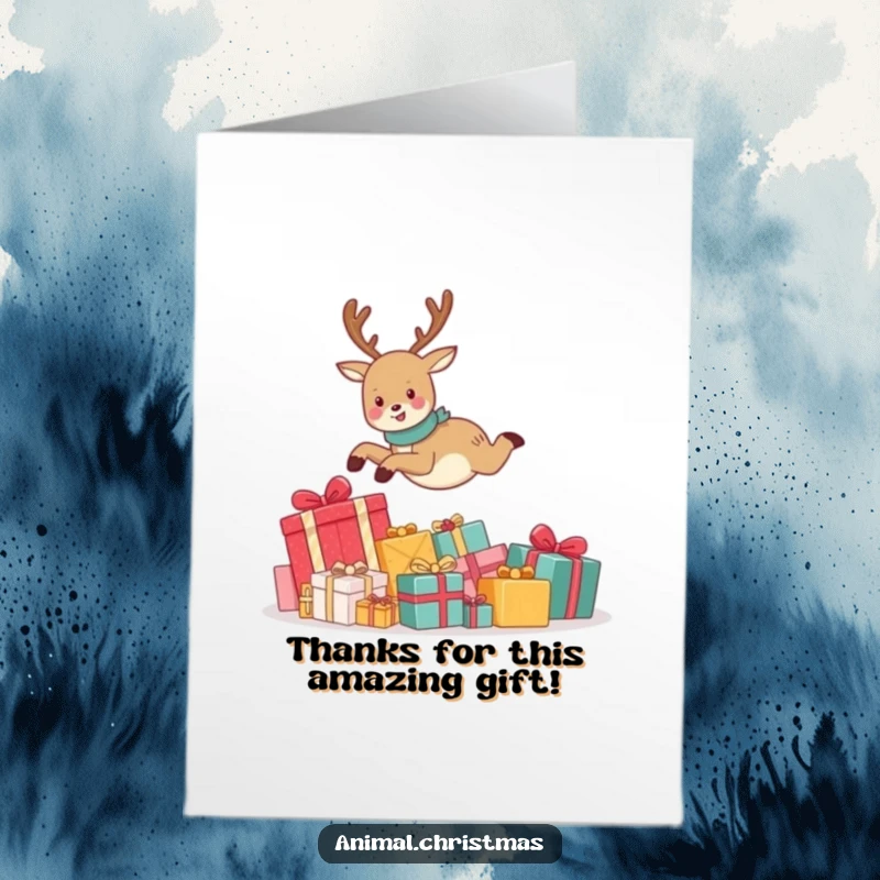 Funny Free Printable Thank You Card: A cute reindeer joyfully leaping over a pile of presents, expressing thanks with flair.