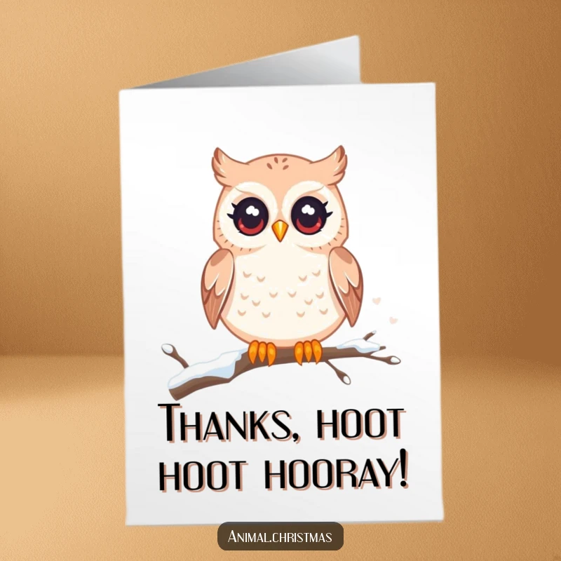 Funny Free Printable Thank You Card: A kawaii owl with bright, twinkling eyes sits on a snowy branch, offering thanks.